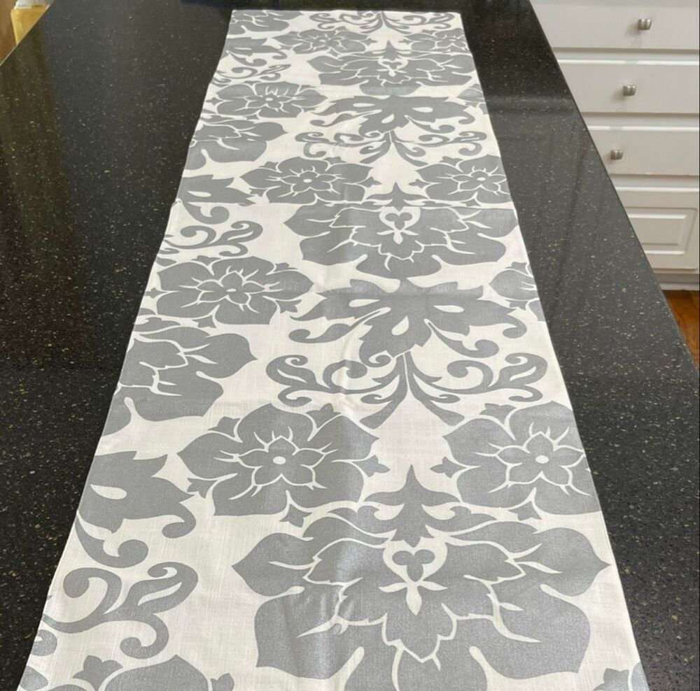 Pottery Barn Damask Metallic Silver Table Runner